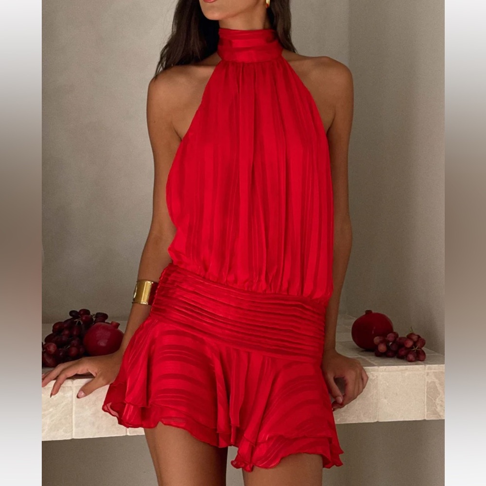 Iconic red mini halter neck chiffon dress peppermayo